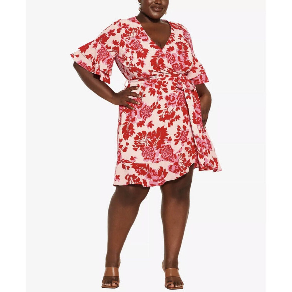 City Chic Trendy Plus Size Mini Scarlet Dress Faux Wrap Dress Floral Womens Sz22